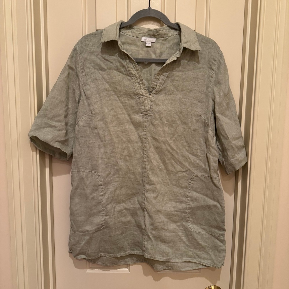 J. Jill Love Linen Tunic Women Medium Sage Green Short Sleeve Pocket Split Neck
